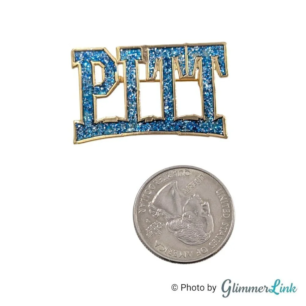 Sparkly Blue Enamel Pitt Name Las Name Gold Tone Brooch